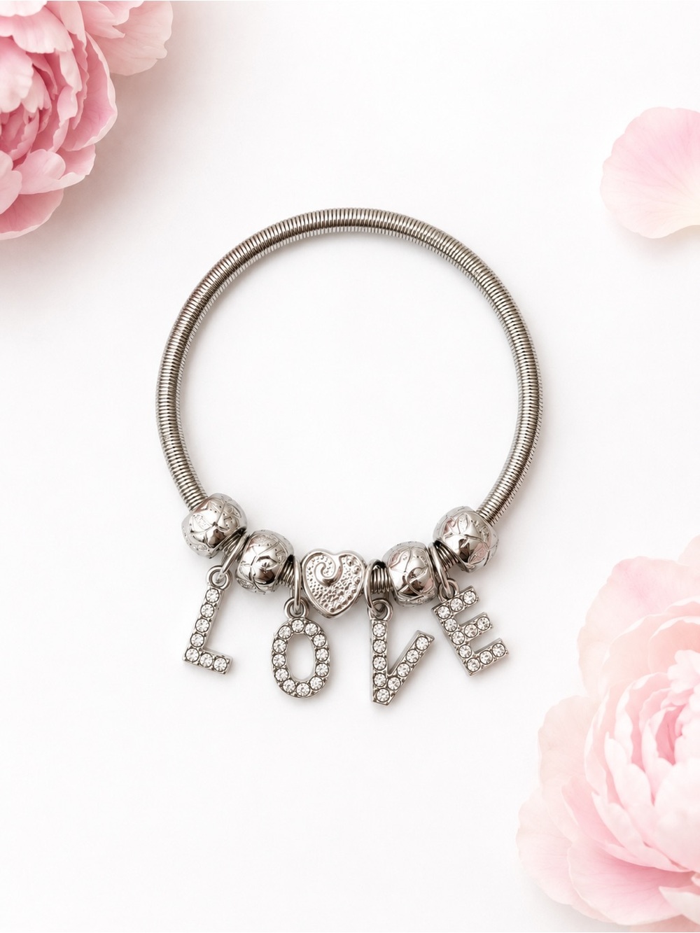 LOVE Charm Bracelet Silver Tone Rhinestone Heart Dangle Bracelet